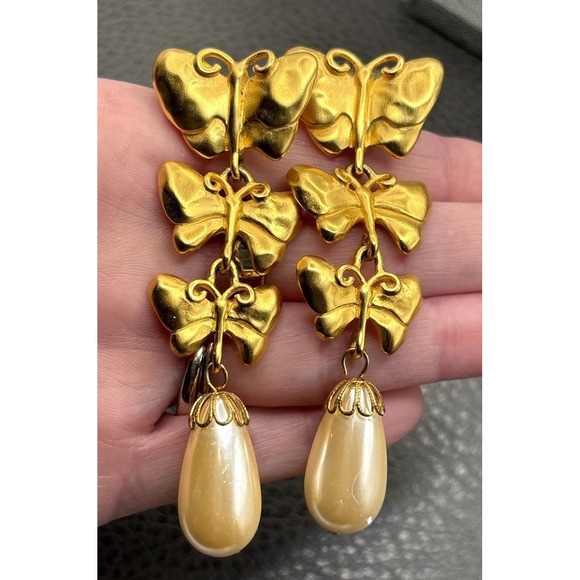 Givenchy Jewelry - Vintage 80s Givenchy Gold Tone Butterfly Pearl Drop Dangle Pierced Earrings